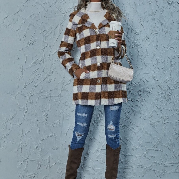 plaid brown mocha pocket hoodie teddy jacket coat - Picture 3 of 6